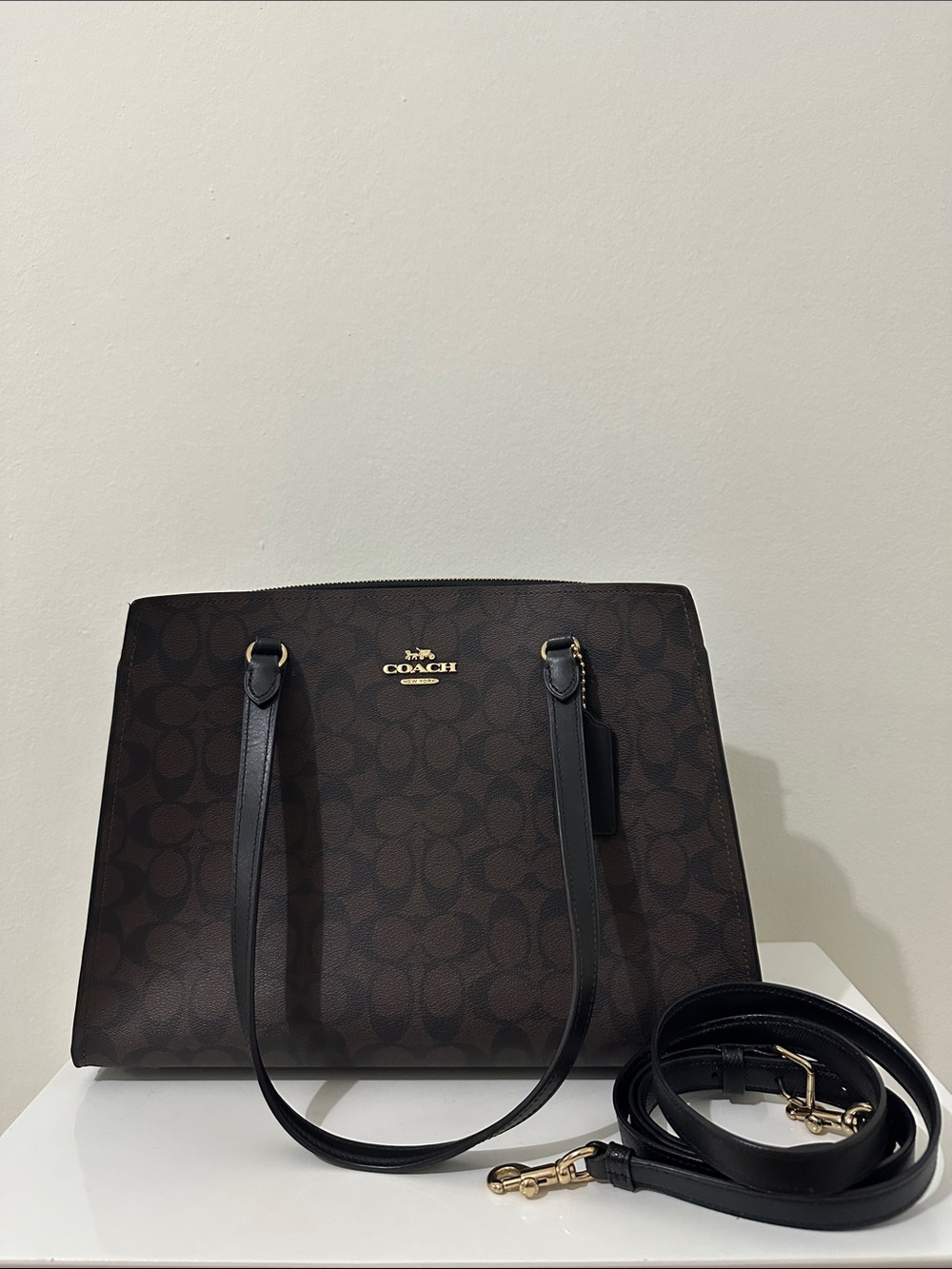 Coach Tatum Carryall Bag in Signature Canvas in Brown/ Black with red interior